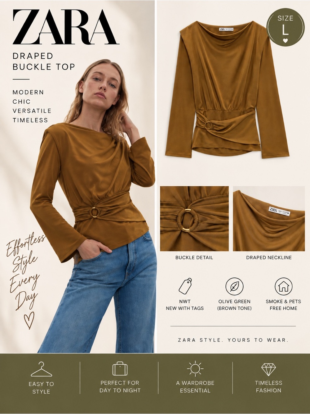 ZARA Golden Brown Draped Buckle Long Sleeve Top Size L NWT 4437/072